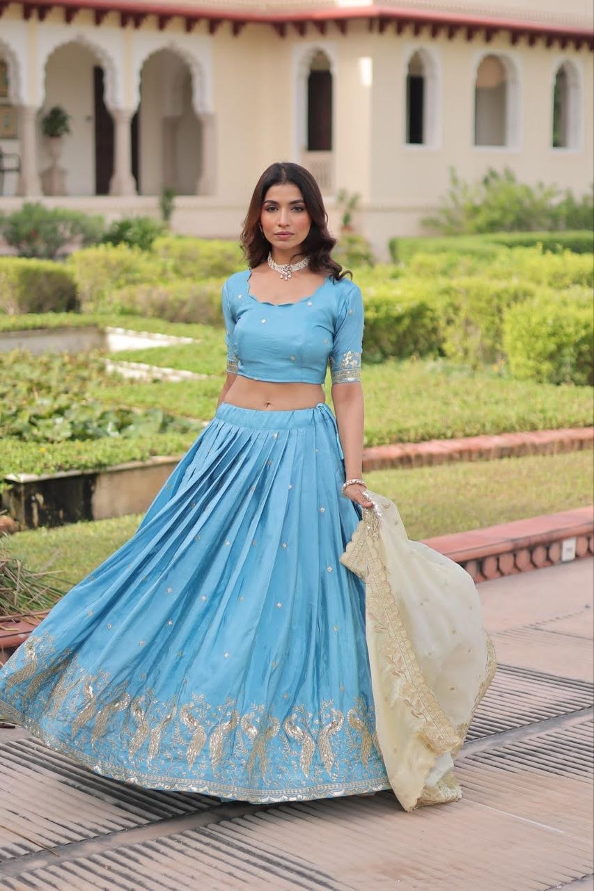 Gold Crush Sequins and Zari Embroidered Stitched Lehenga Choli Set